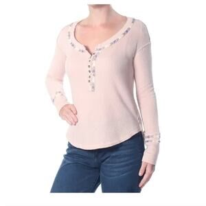 Free People Rose Rainbow Thermal Henley Embroidery Top Rose S/P A003207